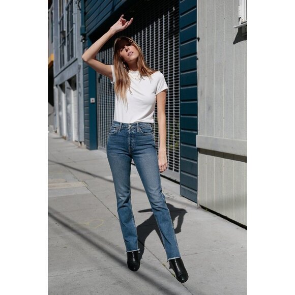 Re/Done Womens Jeans Double Needle Long Stretch Mid 80s Wash Button Fly 26